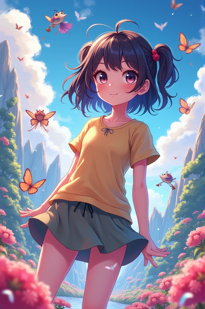(best quality, masterpiece, cartoon style, high resolution 4k wallpaper), a charming little girl with a backpack and her cute dog are enjoying a lovely spring outing in the beautiful yellow flowers and scenic nature. The illustration features highly detailed facial features and a dancing butterfly.