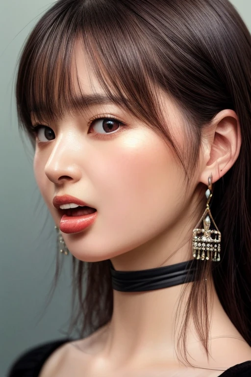 best quality, masterpiece, realistic, photo-realistic, high resolution photograph of a Japanese woman, solo, 1girl, face focus, looking at viewer, open mouth, tongue out, lips, saliva, detailed face, detailed eyes, sophisticated nose, pale skin, earrings, choker, jewelry, simple background, 