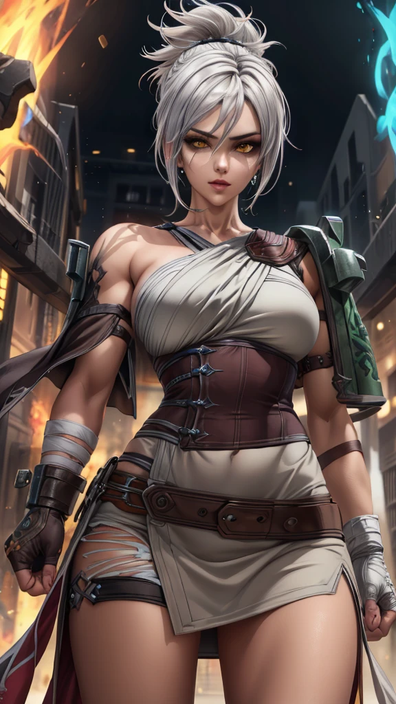 Riven Character, woman character, 1girl, muscular build woman, best quality, masterpiece, folded ponytail, short dress, coreset, single pauldron, white hair, black eyeshadow, bare shoulders, upper body, black jeans, detailed face, yellow eyes, confident stance, vibrant aura, fingerless gloves, green gloves, dynamic pose, extremely detailed CG unity 4k wallpaper.