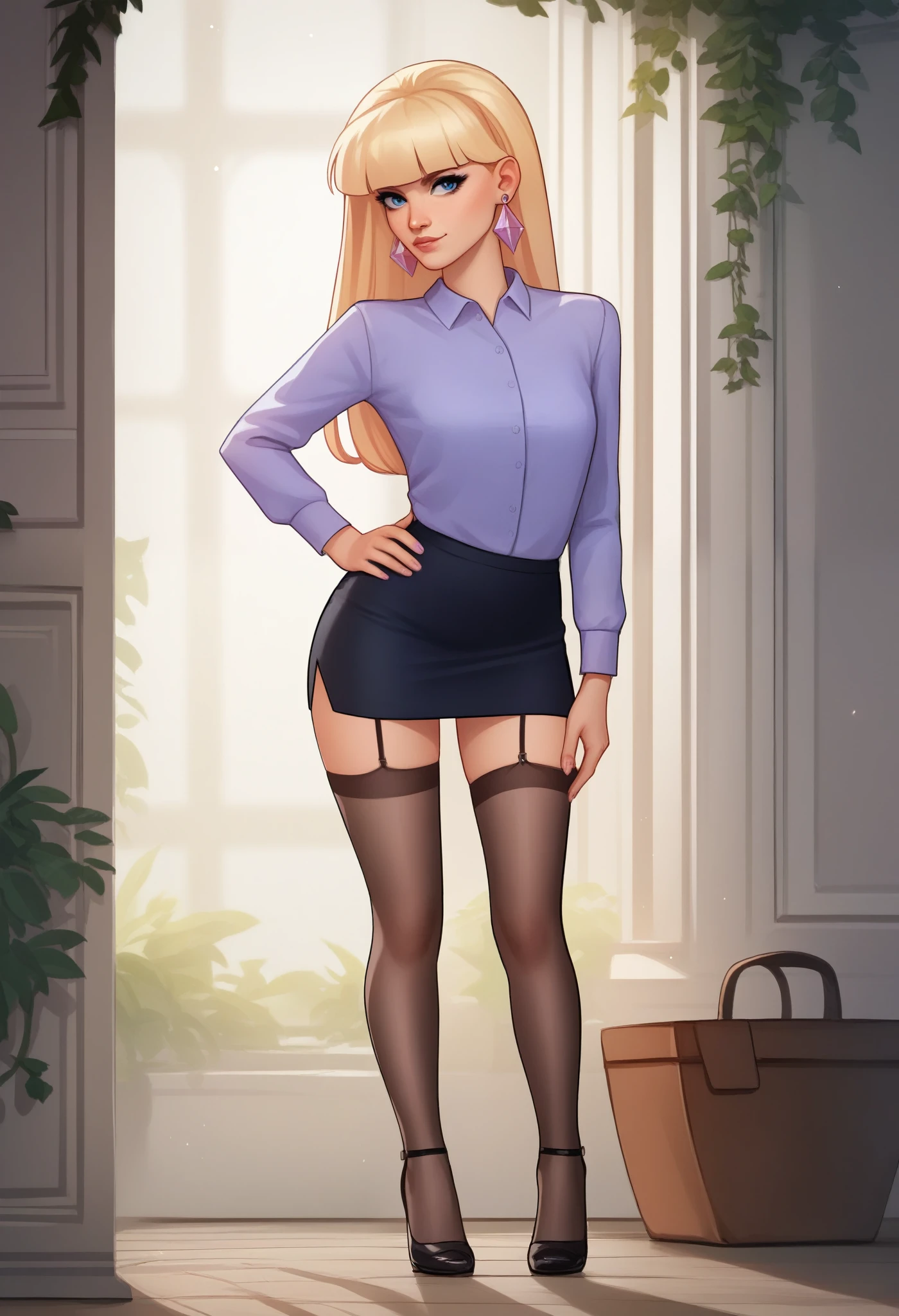 account_9, account_8_ex, account_7_ex, account_6_ex, account_5_ex, account_4_ex, pacifica, 1 girl, solo, long blonde hair with bangs, hand on hip, dark blue eyes, purple shadows, round lavender earrings, looks at the viewer, pencil skirt, shirt, stockings, heels I'm finishing my school class.