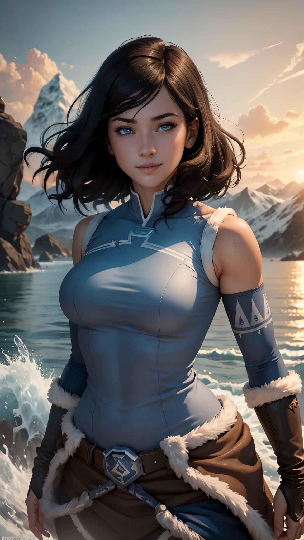 Korra da avatar,(best quality, 4K,8k,high resolution,work of art:1.2)(weather: sunset), tundra background, artic village, wide hips, short curly hair, brown hair, freckles, sleeveless top, gray long sleeve shirt, fur belt, winter fur pants, fur boots, elbow long gloves, light makeup, dark eyeshadow, flirting pose, ultra detailed,portrait,realistic,beautiful detailed blue eyes, beautiful detailed lips,extremely detailed eye and face, long eyelashes,average, large breasts,flying hair,beaming smile, sexy smile, powerful girl, bright coloured, dramatic lighting, water bending,