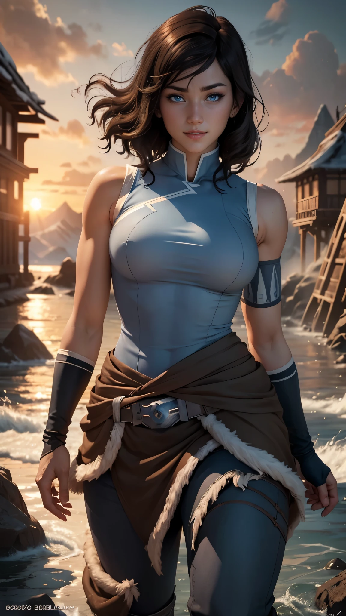 Korra da avatar,(best quality, 4K,8k,high resolution,work of art:1.2)(weather: sunset), tundra background, artic village, wide hips, short curly hair, brown hair, freckles, sleeveless top, gray long sleeve shirt, fur belt, winter fur pants, fur boots, elbow long gloves, light makeup, dark eyeshadow, flirting pose, ultra detailed,portrait,realistic,beautiful detailed blue eyes, beautiful detailed lips,extremely detailed eye and face, long eyelashes,average, large breasts,flying hair,beaming smile, sexy smile, powerful girl, bright coloured, dramatic lighting, water bending,