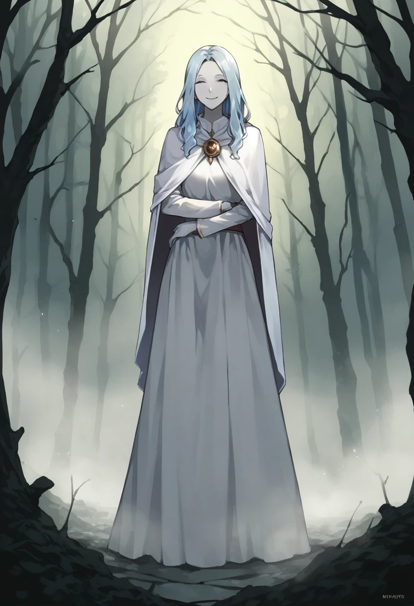 (1girl, solo) banshee, long skirt, smile, cape covering whole body, long white cape, light blue hair, long hair, long sleeves, no hands, grey skin, color skin, forest, fog,  Masterpiece, Best Quality, horror theme