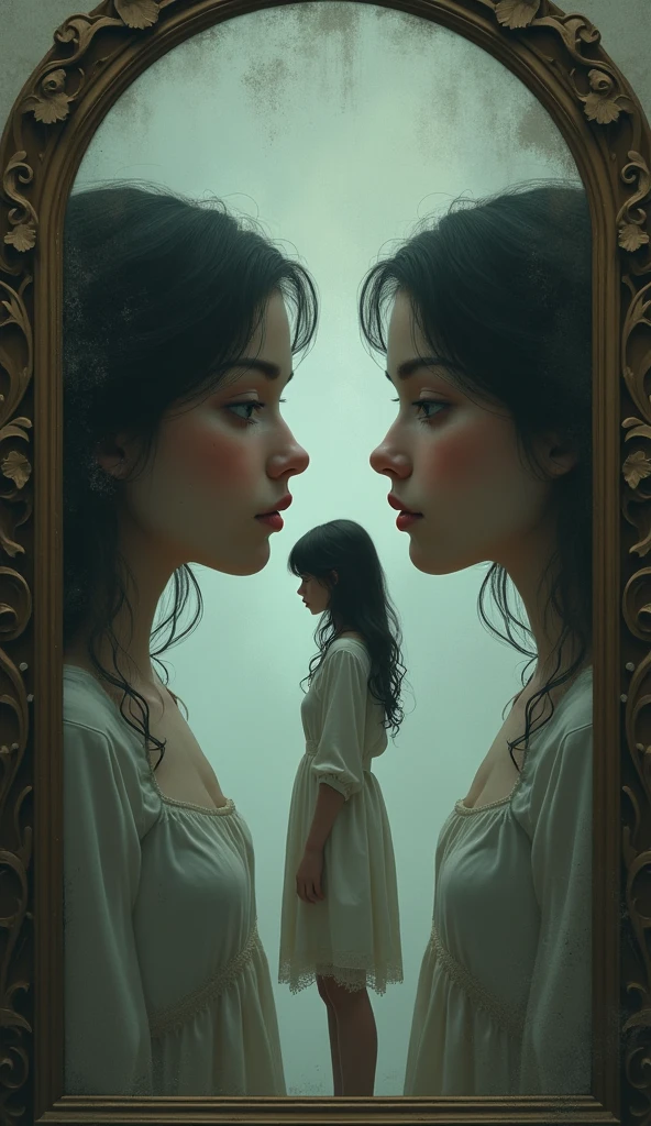 Was a female with a other female and we were both looking in the mirror well talking up inside a apartment on a second floor. We was talking then her shoulders turned green and her mouth opened and then she look at me and her eyes became black swirls with fractals of white light inside of them until it was pure black. After her eyes turned to black she tried attacking me but couldn’t it was like she was still partially there and she went out the door and jumped into the backstreet behind our apartments and went running down the street. I look in the mirror at my self and say wtf just happened and then all my clothes fell off and my body fell to the floor and then the camera panned up to view her naked and then the camera pans out and fades. That’s was my dream.