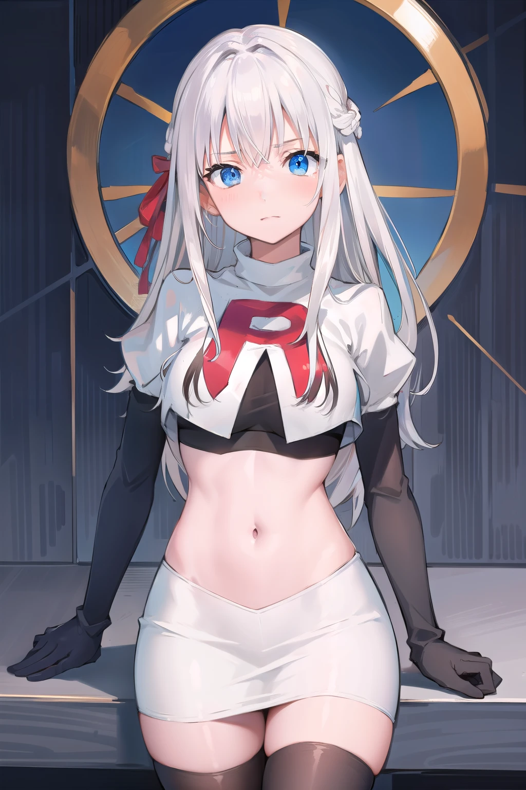 masterpiece, best quality, ultra-detailed, illustration, warm lighting, bright colors, 8K wallpaper, 1girl, solo, very long hair, white hair, blue eyes, wet hair, wet skin,team rocket,team rocket uniform,white skirt,red letter R,crop top,black thigh-highs,black elbow gloves