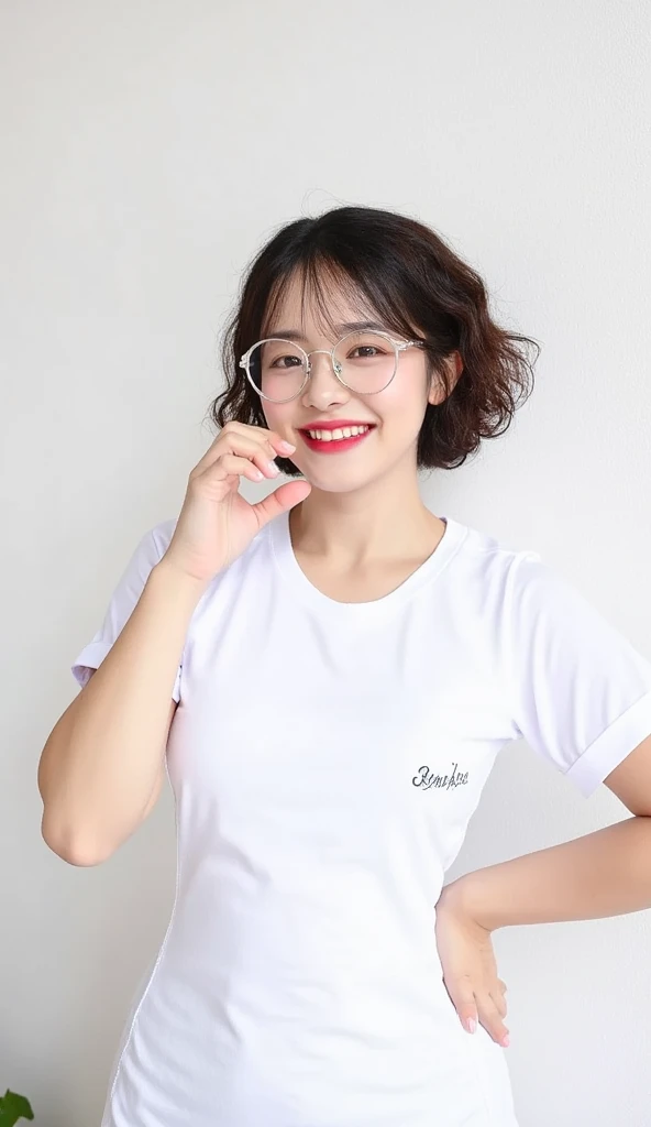 Beautiful girl  taking a selfie、Clear facial skin、Glowing facial skin、Thin face、Thin Nose、Big smile、Perfect body、(Big Breasts:1.3)、(Plus Size Model:1.3)、White T-shirt、 wall background、White skin、Natural Makeup, brown short curly hair, circle glasses