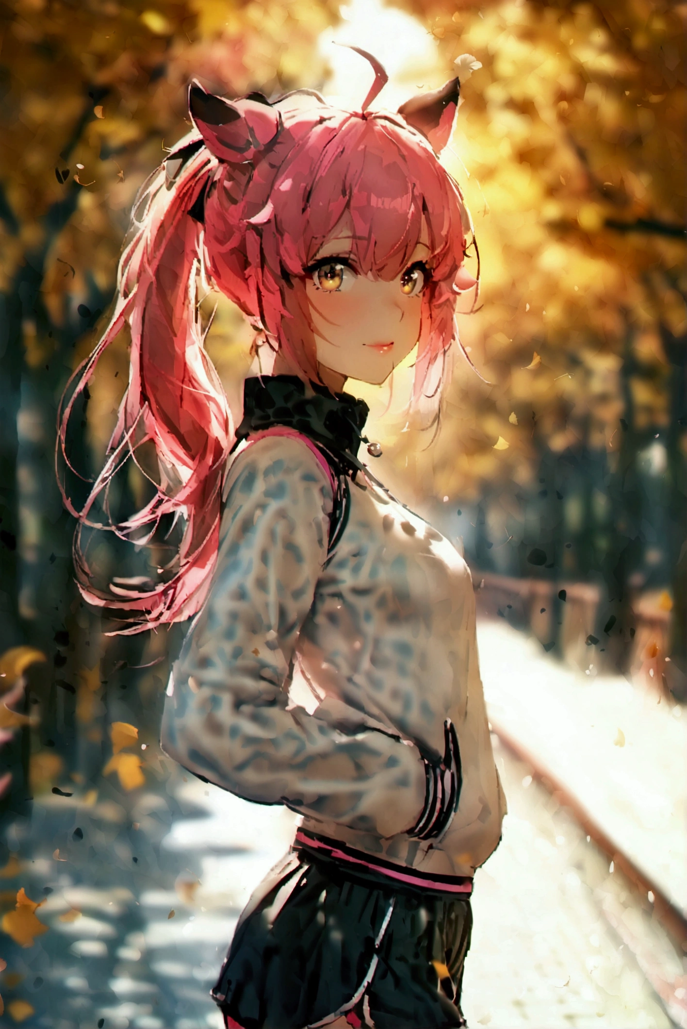 (8k, RAW photo, highest quality, masterpiece), (solo, 1 girl, ahoge: 1.2), ink painting, Uma Musume, shine, horse ears, horse tail, Uma Musume, 5 fingers, dynamic lighting, High resolution, sharp focus, depth of field, fashionable, elegance, charming, seductive, gorgeous, stunning, beautiful, charming, cute, beautiful detailed face, beautiful detailed eyes, soft expression, slim beautiful figure, Curvy, hourglass shape, large bust, slender arms, graceful hands, delicate fingers, slender wrists, elegant neck, smooth skin, dynamic angles, perfect composition, Perfect anatomy, natural fingers, 5 fingers,((Dantsu Flame \(umamusume\),brown hair,Training wear, pink sports bra, black sweatshirt, black shorts, running, ginkgo tree lined street, outdoors, promenade