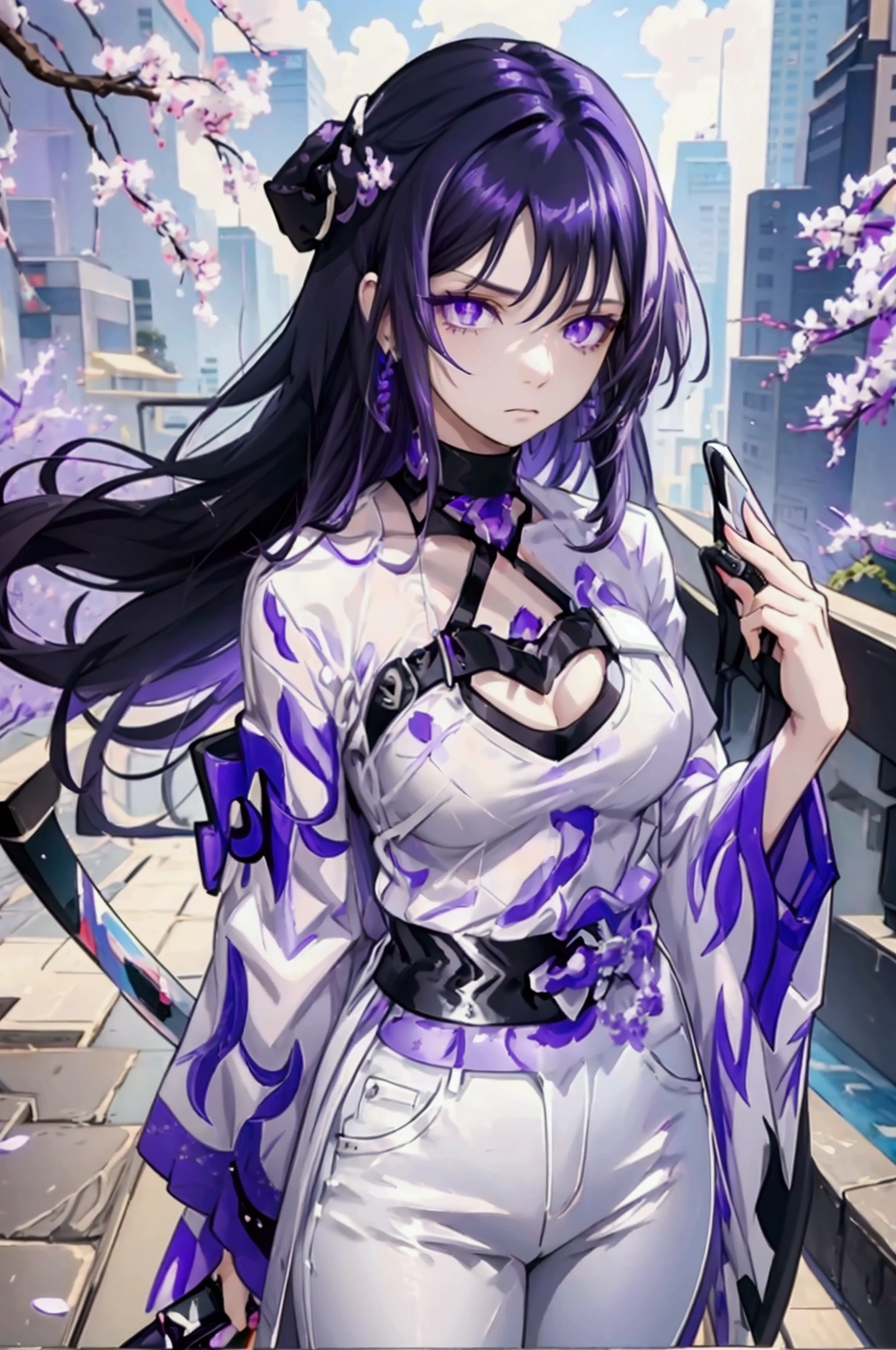 a woman with purple black hair, sad expression, purple eyes, with a white shirt, black pants, with a purple katana