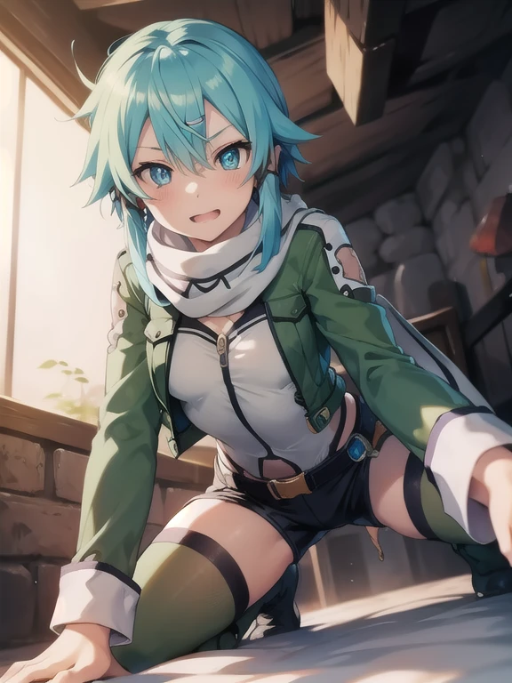 sinon1, hair ornament, hairclip, 
BREAK scarf, long sleeves, short shorts, green thighhighs, green jacket, thigh strap, 
BREAK (cowgirl position, straddling, lean forward, all fours:1.3), (1boy, boy is lying),
BREAK (blush:1.2), surprised, (naughty face:1.2),
BREAK (cave:1.2), (from below),
BREAK (best quality, masterpiece, detailed:1.1), HD, (anime colored:1), (beautiful detailed eyes:1.6), extremely detailed face, perfect lighting, extremely detailed CG, (perfect hands, perfect anatomy),