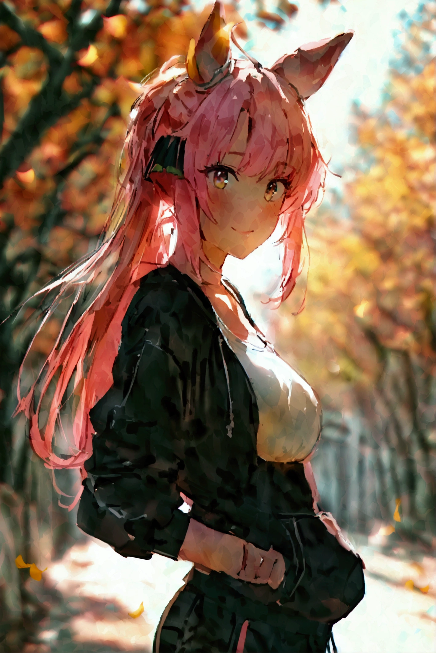 (8k, RAW photo, highest quality, masterpiece), (solo, 1 girl, ahoge: 1.2), ink painting, Uma Musume, shine, horse ears, horse tail, Uma Musume, 5 fingers, dynamic lighting, High resolution, sharp focus, depth of field, fashionable, elegance, charming, seductive, gorgeous, stunning, beautiful, charming, cute, beautiful detailed face, beautiful detailed eyes, soft expression, slim beautiful figure, Curvy, hourglass shape, large bust, slender arms, graceful hands, delicate fingers, slender wrists, elegant neck, smooth skin, dynamic angles, perfect composition, Perfect anatomy, natural fingers, 5 fingers,((Dantsu Flame \(umamusume\),brown hair,Training wear, pink sports bra, black sweatshirt, black shorts, running, ginkgo tree lined street, outdoors, promenade