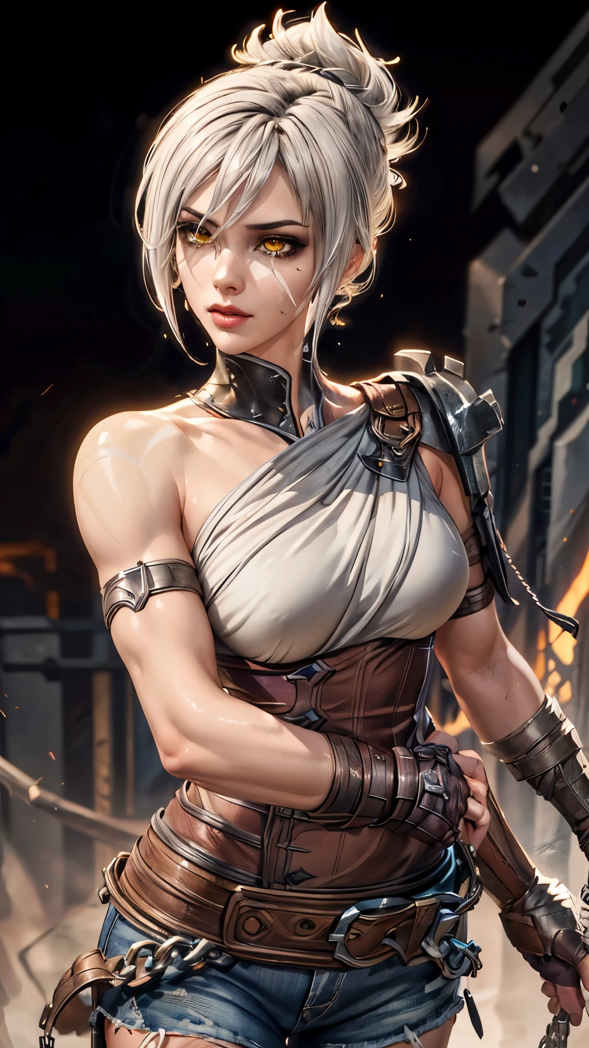 Riven Character, woman character, 1girl, muscular build woman, best quality, masterpiece, folded ponytail, short dress, coreset, single pauldron, white hair, black eyeshadow, bare shoulders, upper body, black jeans, detailed face, yellow eyes, confident stance, vibrant aura, fingerless gloves, green gloves, dynamic pose, extremely detailed CG unity 4k wallpaper.