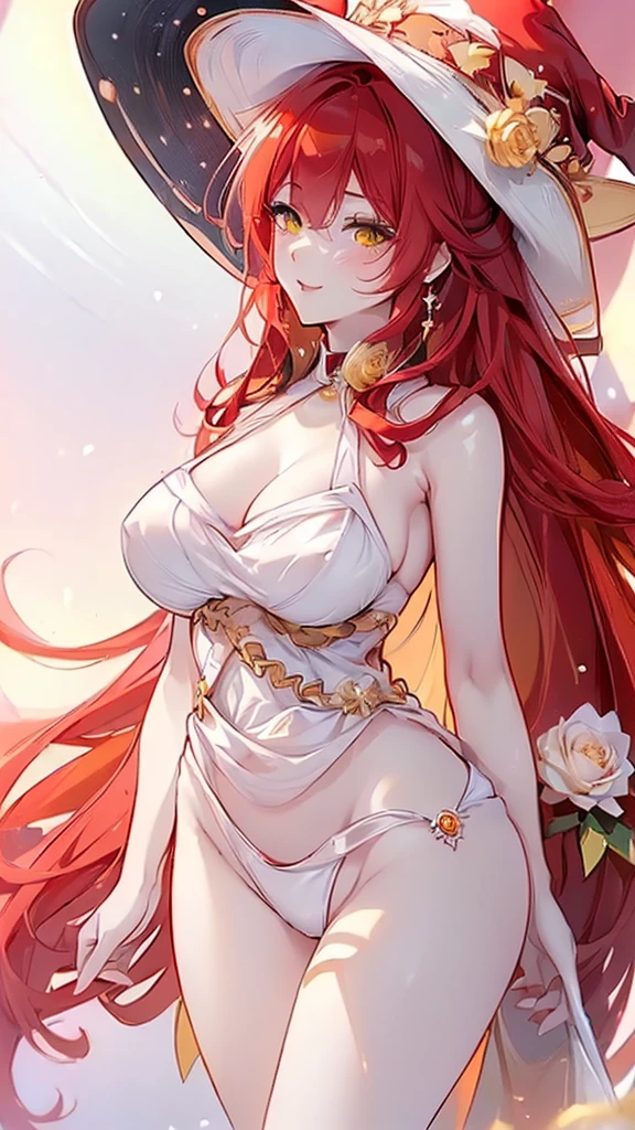 ((masterpiece, super high quality, high resolution, ultra HD 8K quality)), (realism), 1 beautiful woman, perfect proportioned body, (((Crimson Red Long hair:1.3, very long bangs))), ((Yellow eyes:1.2)), glowing eyes, highlights on eyes, (((tiny Pearl White micro bikini:1.2, thong:1.1))), (((Pearl White colored witch cloak, Pearl White colored witch hat))), (((heavy and very large breasts))), (open lips:1.1, blush:1.05), (night:1.1, flowers), (sun:1.05, sunlight), romantic, 3D rendering, best quality, (masterpiece), beautiful smile
