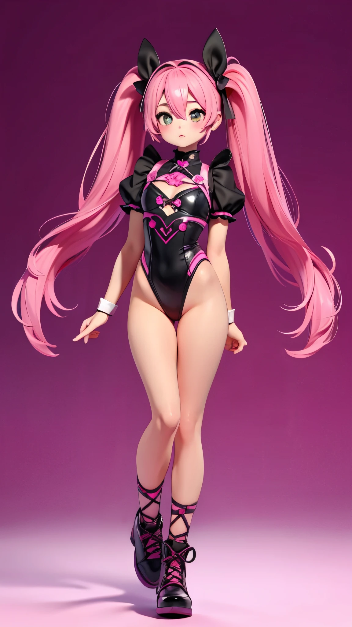  1 girl, solo,  High Resolution , Pink Hair、Very long twin tails、pink lace-up leotard、Black Mask、Round face、Big Eyes、Character portrait, Simple Background, whole body、Facing each other、Stand with your feet apart、Wide open chest、