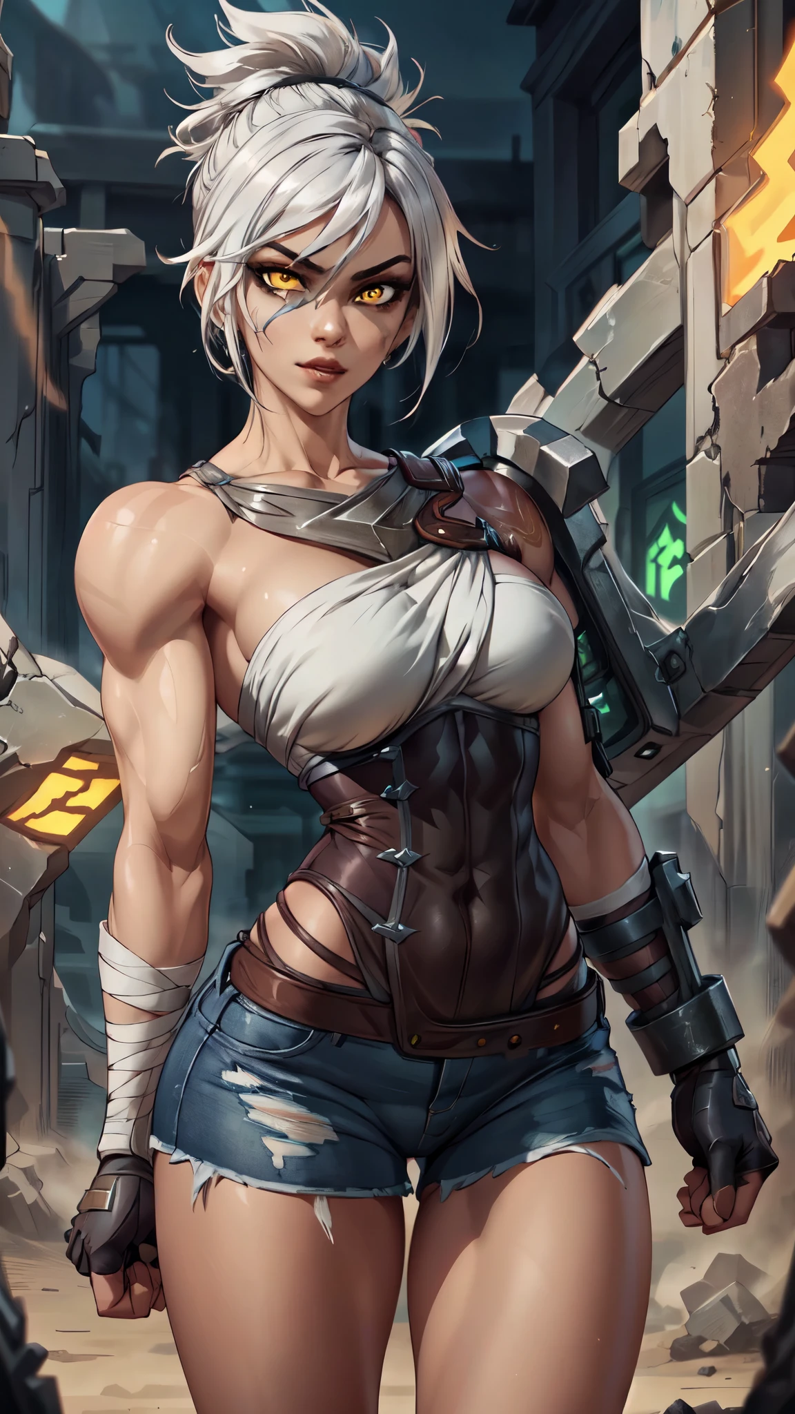 Riven Character, woman character, 1girl, muscular build woman, best quality, masterpiece, folded ponytail, short dress, coreset, single pauldron, white hair, black eyeshadow, bare shoulders, upper body, black jeans, detailed face, yellow eyes, confident stance, vibrant aura, fingerless gloves, green gloves, dynamic pose, extremely detailed CG unity 4k wallpaper.