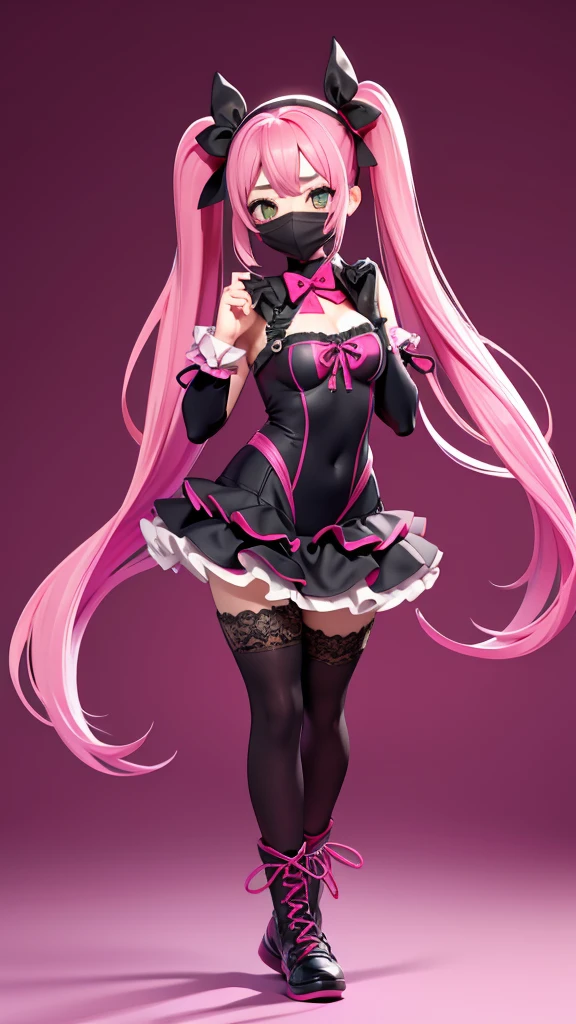  1 girl, solo,  High Resolution , Pink Hair、Very long twin tails、pink lace-up leotard、A black mask to cover the mouth、Round face、Big Eyes、Character portrait, Simple Background, whole body、Facing each other、Stand with your feet apart、Wide open chest、