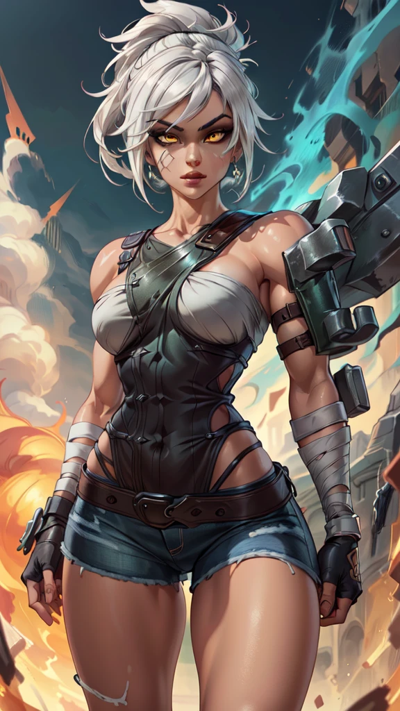 Riven Character, woman character, 1girl, muscular build woman, best quality, masterpiece, folded ponytail, short dress, coreset, single pauldron, white hair, black eyeshadow, bare shoulders, upper body, black jeans, detailed face, yellow eyes, confident stance, vibrant aura, fingerless gloves, green gloves, dynamic pose, extremely detailed CG unity 4k wallpaper.