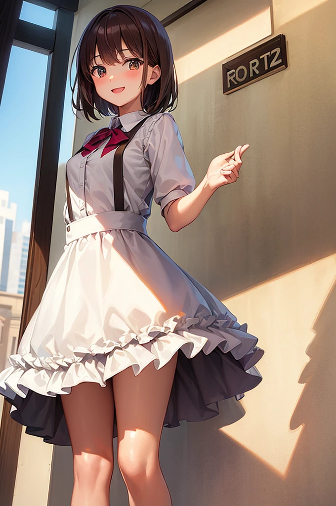1 girl, minamoto_shizuka, bangs, ((((pigtails)))), schoolchild, 10 years old, pink top, pink skirt, white socks, white panties, (Towering legs: 5.0, towering body: 5.0, giant: 5.0))) )), (((City of Miniature: 2.0)))), ((Upskirt: 5.0)))), ((((Perspective: 2.0)))), Panty Focus