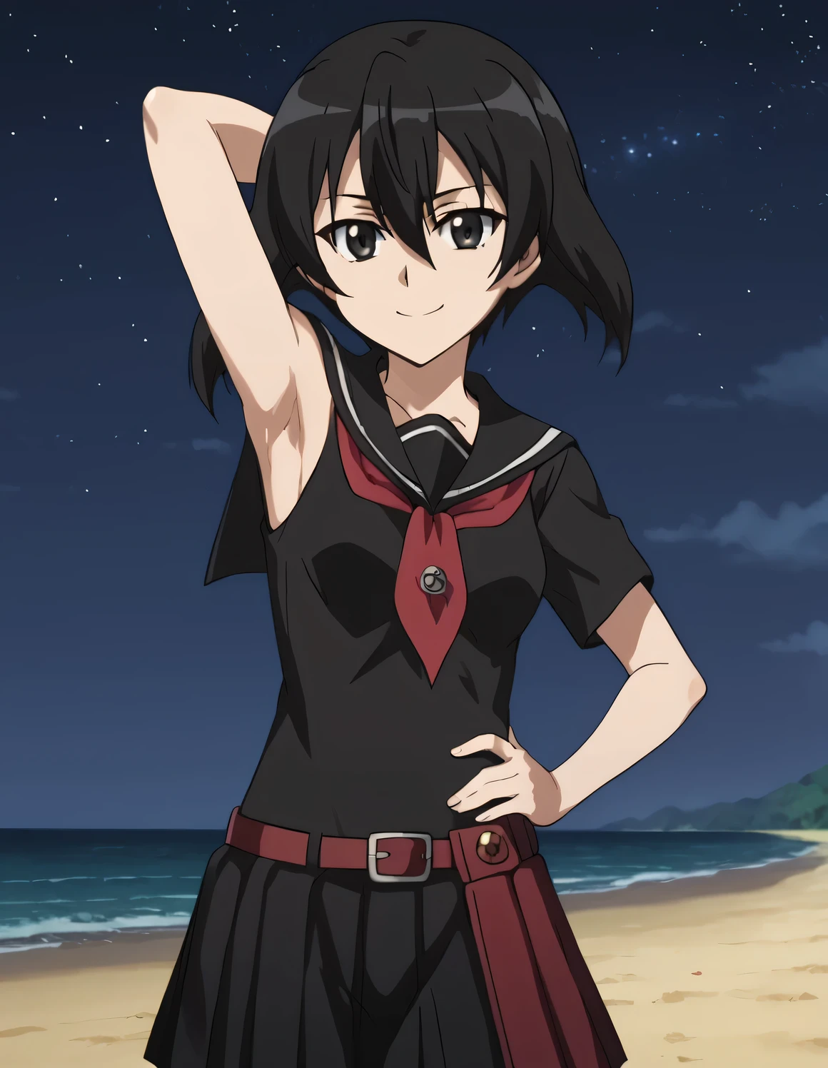 kurome, school uniform, serafuku, black serafuku, short hair, skirt, hair between eyes, pantyhose, shiny skin, high quality, closed mouth, looking at viewer, showing armpit, looking at viewer, solo, {contrapposto}, spread armpit, arm behind head, hand on hip, smile, looking at viewer, cowboy shot, closed mouth, night sky, beach, best quality