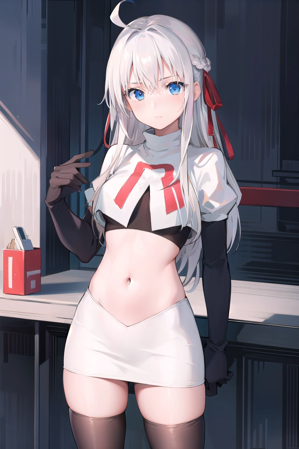 best quality, masterpiece, highres, solo, {olga_marie_animusphere_fgo:1.15}, long_hair, braid, white_hair, blush, yellow_eyes, ahoge, hair_between_eyes, breasts, grey_hair, 1girl, looking_at_viewer, side_braid, bangs, single_braid,team rocket,team rocket uniform,white skirt,red letter R,crop top,black thigh-highs,black elbow gloves,
