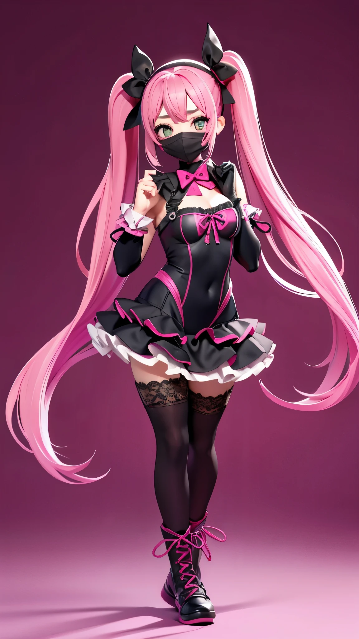  1 girl, solo,  High Resolution , Pink Hair、Very long twin tails、pink lace-up leotard、A black mask to cover the mouth、Round face、Big Eyes、Character portrait, Simple Background, whole body、Facing each other、Stand with your feet apart、Wide open chest、