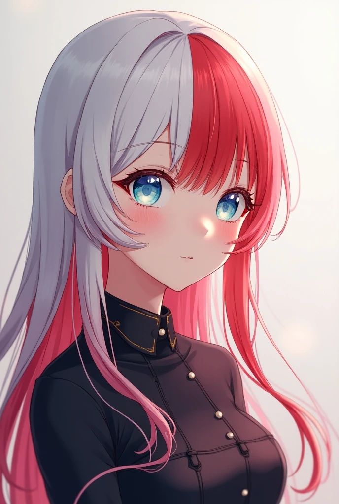 Screenshot of my hero Academia's character, pretty girl with white hair and half her hair red and uniform, long hair, light blue eyes and a face in love