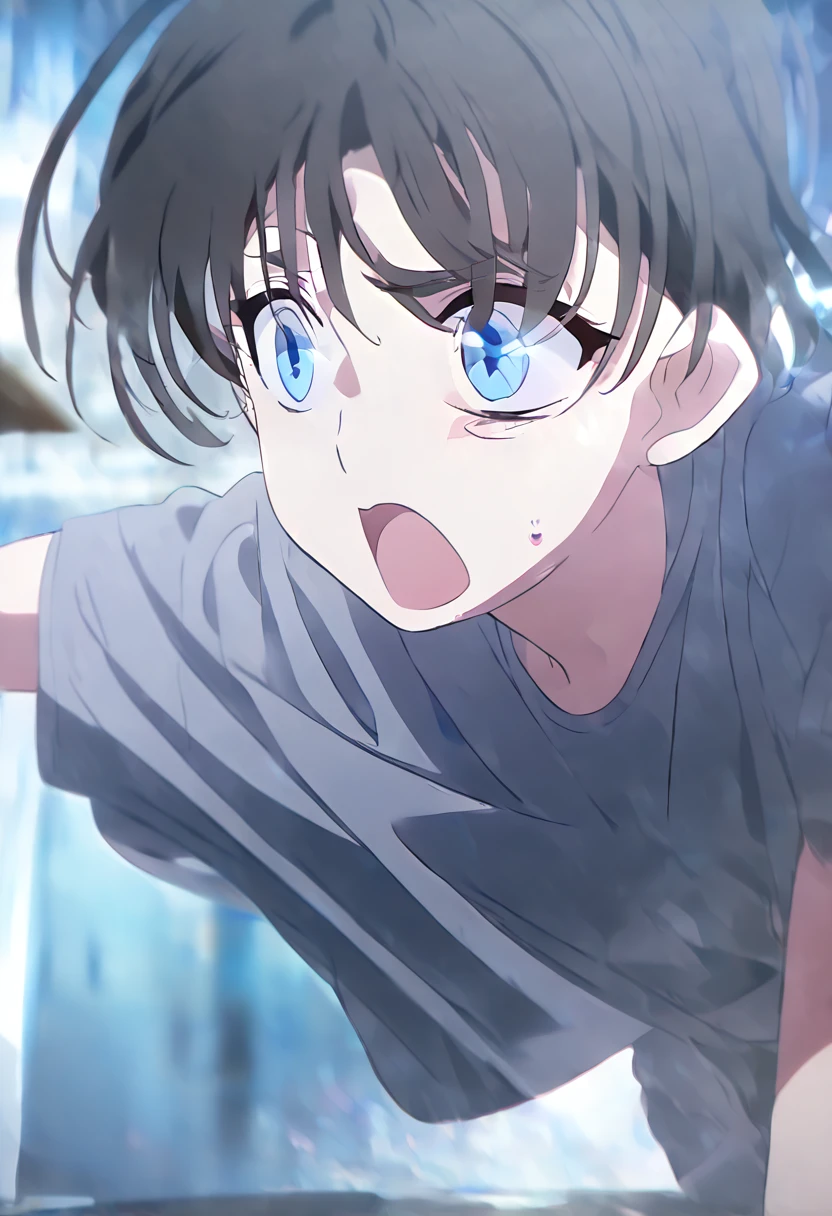 work of art, best quality, depth of field,8k, looking at the observer,dark gray hair,blue eyes,eyes,t-shirt,shorts,Studio, surprised expression,,(charismatic eyes 1:1),wseifuku,elegant