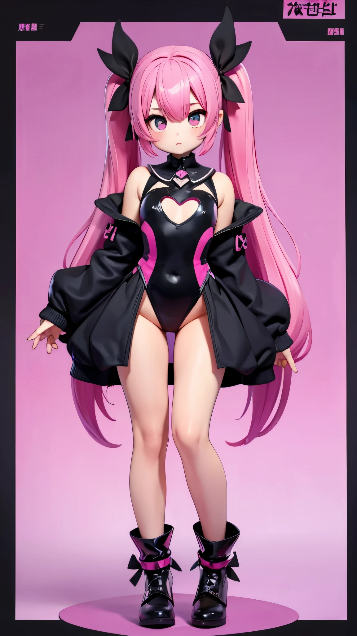  1 girl, solo,  High Resolution , Pink Hair、 very long twin tail、goth leotard 、Round face、Big Eyes、Character portrait, Simple Background, whole body、Facing each other、Stand with your feet apart、Wide open chest、