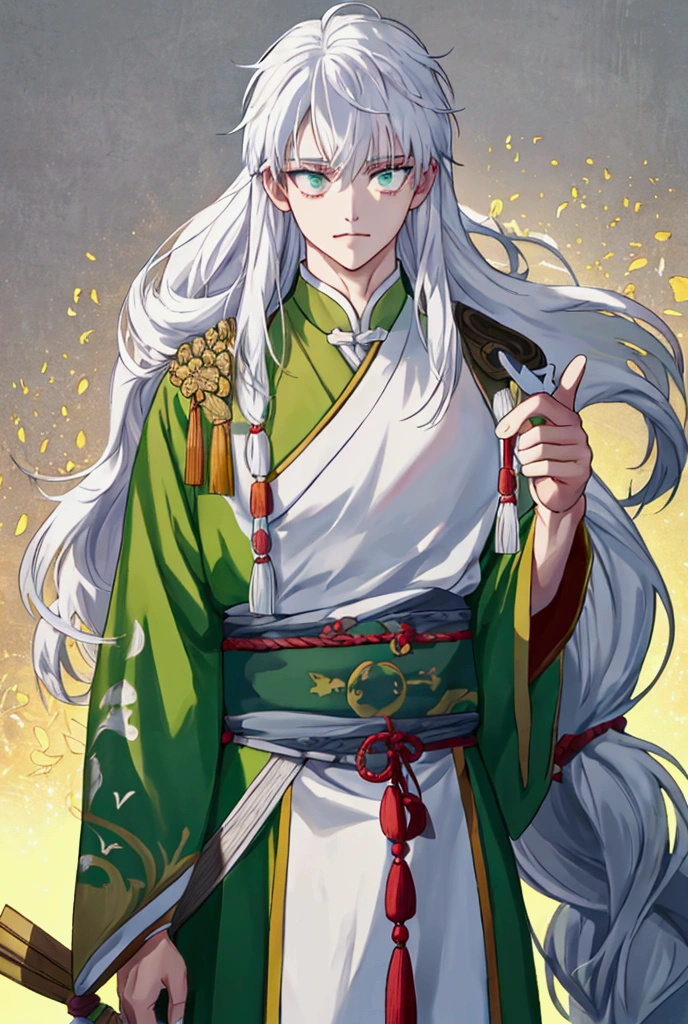 白色medium long hair，20-year-old male，young male，cute，mild，cold，ancient costume，中式Ancient costume，Tang Dynasty，light green top，Background Exquisite ，side， upper body，white hair，medium long hair，bangs，Shut up，expressionlesscartoon風格, cartoon, vertical shadow, Chiaroscuro, 