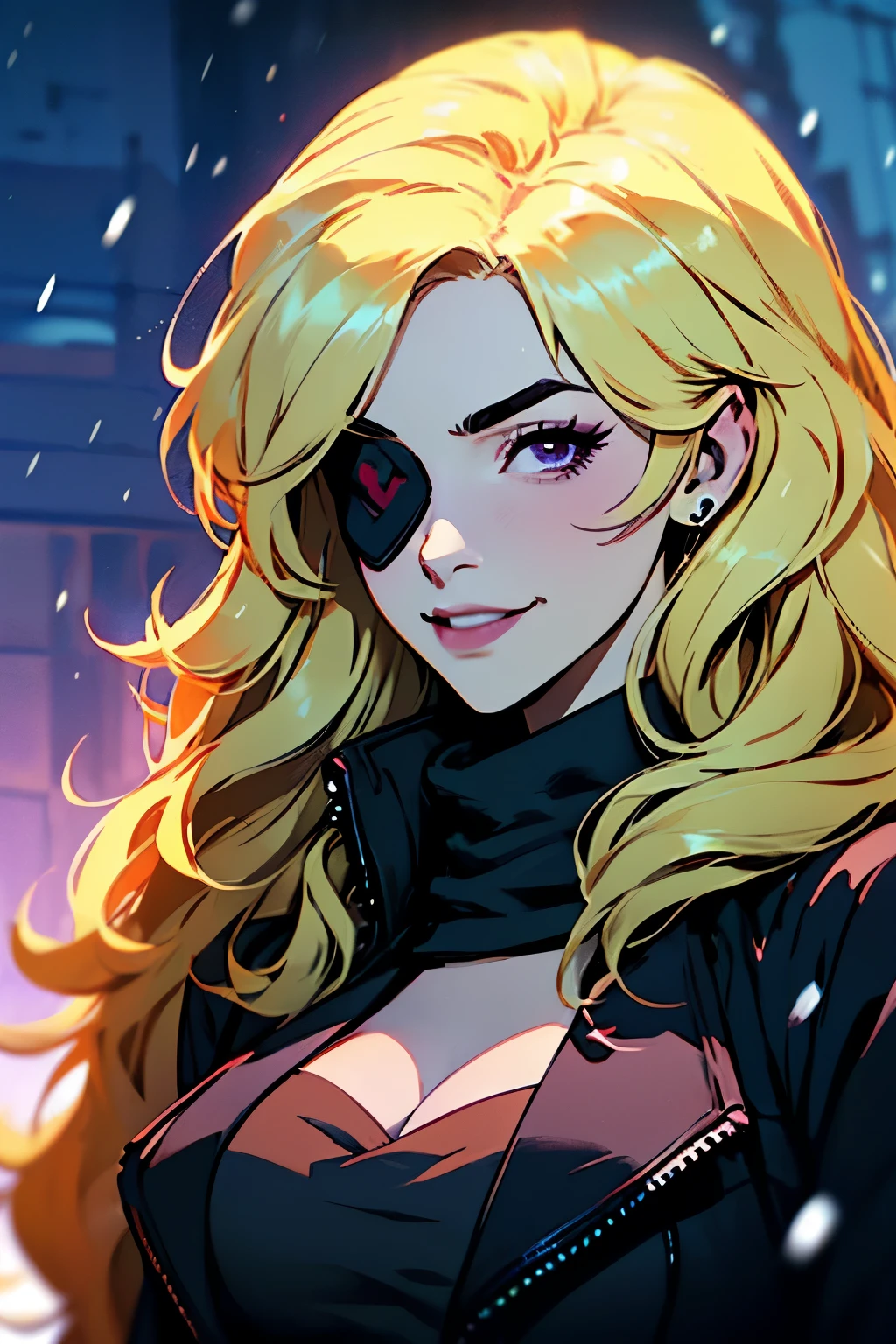 hyper-realistic of a confident woman with a high and soft blond hair, long hair, curly hair, thin eyebrow, ((soft eyebrow)), piercing purple eyes, upper body, winter, ANIME STYLE, yang xiao long from rwby, smiling, ((black overcoat)), turtunuceck, snowing background, one eye-patch, sexy, fun, laughing, fur coat