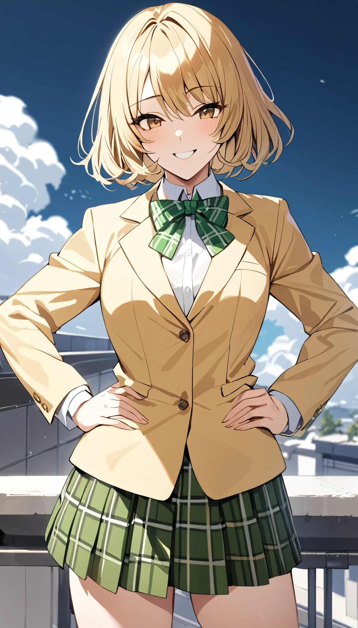 masterpiece, best quality, highres, 1girl, solo, blonde medium hair, brown eyes, , green bowtie, blazer, yellow jacket, long sleeves, plaid skirt, green skirt, standing, put hands on hip,cowboy shot,on roof top, smile,