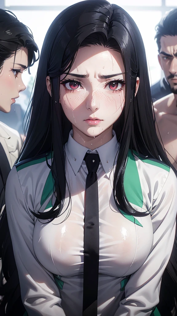 Mayumi Saegusa,Mayumi Saegusa, iris, Red eyes, eyelash,  Black Hair , Long Hair, back ribbon,  high school uniform  , Green jacket,   cropped jacket, open jacket, Long sleeve,  (masterpiece: 1.3), (Maximum resolution: 1.2), (Ultra HD TV: 1.2), Cinematic Light, 8k resolution,   Fine facial features  , (Sharp focus: 1.2）, ( focus on the face:1.2), perfect style , Beautiful Face, Acura,   anatomically accurate ,    Highly Detailed Face and Skin Textures  ,   beautiful eyes,  beautiful eyes, Thin eyebrows, Natural Cheek,   glowing skin  , White skin: 1.2, (Glossy lips: 1.4),、 (  look embarrassed: 1.2),   Highly Detailed Face and Skin Textures  , Natural Cheek, , Glossy lips: 1.4, perfect style 、、Soft Breasts、（Semen on chest:1.6）（Cum on thighs 1.5）、 Semen overflows、Drenched in sweat、Wet clothes、、A humiliating look、  uneasy expression 、Frightened expression、  look embarrassed、Glare、anger、sorrow、tears、（Open your knees:1.5）、（Spread your legs:1.5）、 White underwear、Wrinkled clothes、 Sweaty 、Thin underwear、18 years old, A clean-cut woman,1 person、 Full Body Portrait 、 Chest up,  Black Hair 、blue eyes、  beautiful eyes、Torn clothing、 Masturbation behavior 、  dim classroom  、Look away、She is surrounded by completely naked men and has an erect penis、