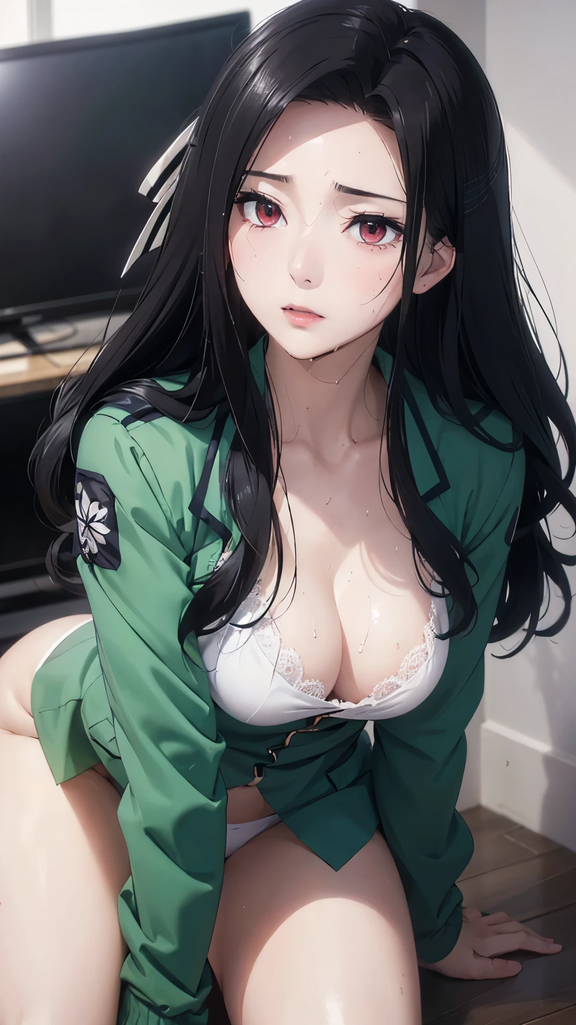 Mayumi Saegusa,Mayumi Saegusa, iris, Red eyes, eyelash, Black Hair, Long Hair, back ribbon, high school uniform , Green jacket,  cropped jacket, open jacket, Long sleeve,  (masterpiece: 1.3), (Maximum resolution: 1.2), (Ultra HD TV: 1.2), Cinematic Light, 8k resolution,   detailed facial features  , (Sharp focus: 1.2）, ( focus on the face:1.2), perfect style , Beautiful Face, Acura,  anatomically correct,  Highly Detailed Face and Skin Textures ,  beautiful eyes, beautiful eyes, Thin eyebrows, Natural Cheek, Glowing Skin, White skin: 1.2, (Glossy lips: 1.4),、 ( look embarrassed: 1.2), Highly Detailed Face and Skin Textures , Natural Cheek, , Glossy lips: 1.4, perfect style 、Clevis、Soft Breast、（Semen on chest:1.6）（Cum on thighs 1.5）、 Semen overflows、Drenched in sweat、Wet clothes、A humiliating look、 uneasy expression、Frightened expression、 look embarrassed、anger、sorrow、tears、（Open your knees:1.5）、（Spread your legs:1.5）、 White underwear、 sweaty 、Thin underwear、18 years old, A clean-cut woman,1 person、Full body portrait、 Chest facing up, Black Hair、blue eyes、 beautiful eyes、 dim classroom 、Look Away、She's surrounded by lots of completely naked men holding onto her erect penis、