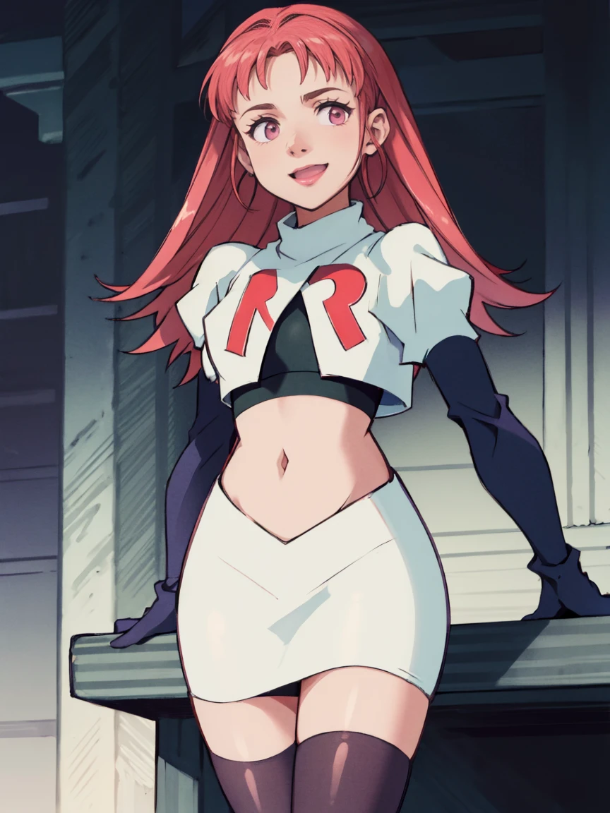 hilda valentine goneril ,rocket,team rocket uniform, red letter R, white skirt,white crop top,black thigh-highs,black elbow gloves, smile