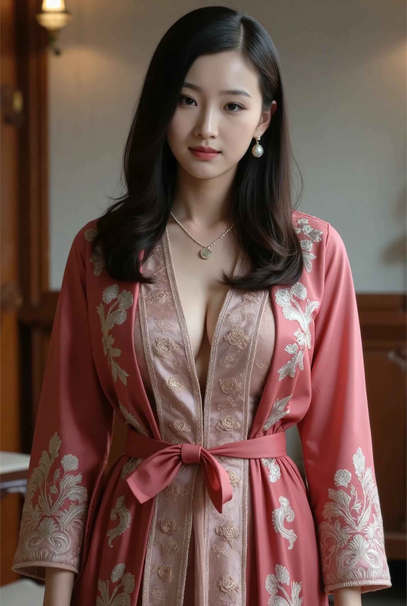{{{masutepiece}}}, (50 year old mature woman)、{Extremely delicate and beautiful}, (Solo:1.5), (Best Quality:1.2), (超A high resolution, Photorealistic, Raw photo:1.4), 8K, Cinematic lighting, Beautiful lighting, Professional Lighting, Physically-based rendering, Photon mapping, Radio City, Detailed and Intricicated, Detail Face, High quality, nffsw、((50Japan mature woman))、big butts、Wow big、Big big、(50Year old)、Very big big、delicate and dense skin texture,,,,,,,,,,,,,,,,,,,,,,,,、Detailed red-black 、bright red lips、Crystal clear white skin、50Japan mature woman、Detailed red-black areola、detailed brown eyes、fluffy long brown hair、Voluptuous body shape、(Wearing a luxurious red velvet robe with intricate gold embroidery, paired with a satin camisole and lace-trimmed shorts underneath)、Gorgeous accessories、gorgeous hair decoration、in bedroom