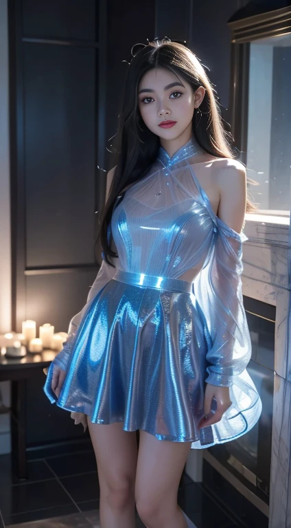 Cute and cool punk idol girl、whole body、Good style、、、、、、、、、、Thick legs、、Blue and silver dress(Wave Print)、Neat and clean idol face、summer night(Glowing)、