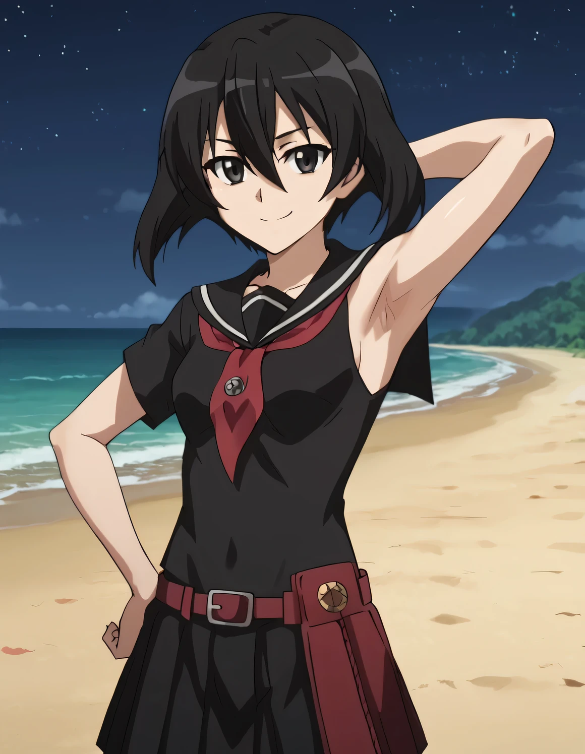 kurome, school uniform, serafuku, black serafuku, short hair, skirt, hair between eyes, pantyhose, shiny skin, high quality, closed mouth, looking at viewer, showing armpit, looking at viewer, solo, {contrapposto}, spread armpit, arm behind head, hand on hip, smile, looking at viewer, cowboy shot, closed mouth, night sky, beach, best quality