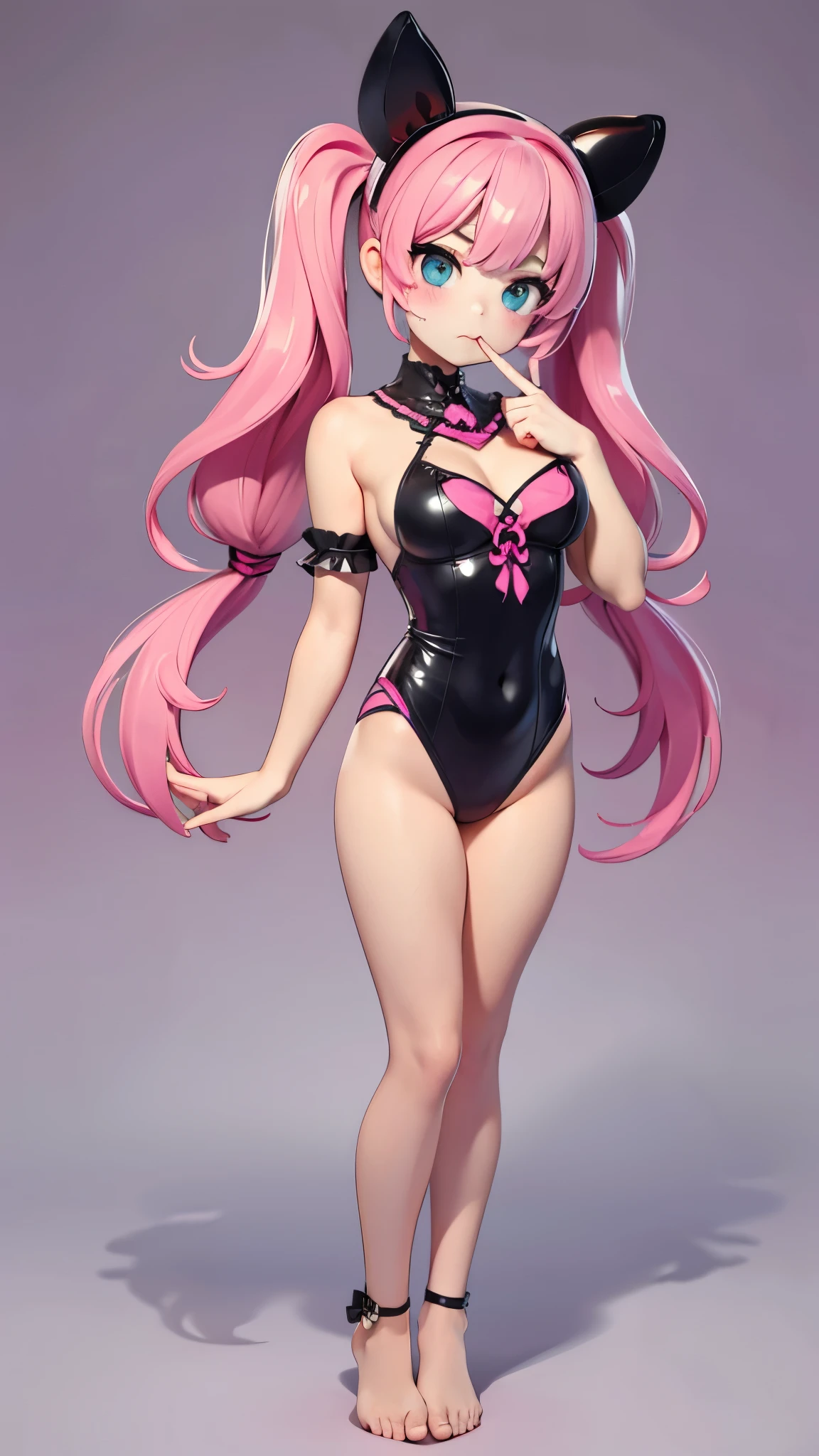  1 girl, solo,  High Resolution , Pink Hair、 very long twin tail、goth leotard 、Large Breasts、Round face、Big Eyes、Character portrait, Simple Background, whole body、Facing each other、Stand with your feet apart、Wide open chest、Provocative look、Put your finger over your mouth