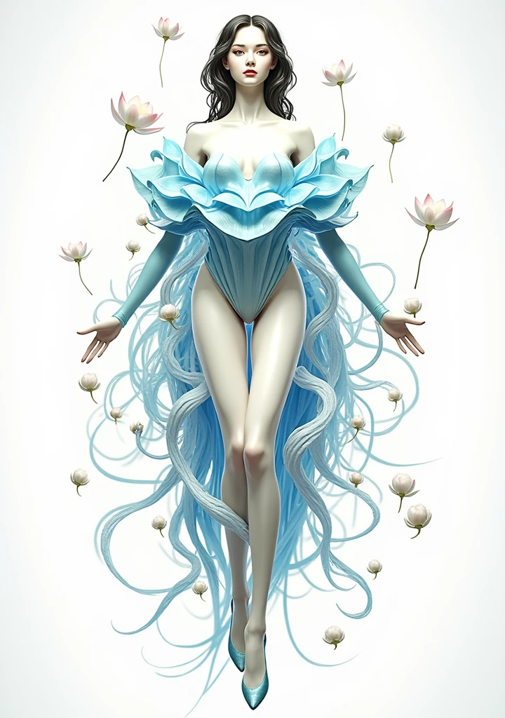 a full dynamic body shot, of a beautiful blue glass woman, and small and medium flowers made of blue glass, a greasy black background, 24k resolution