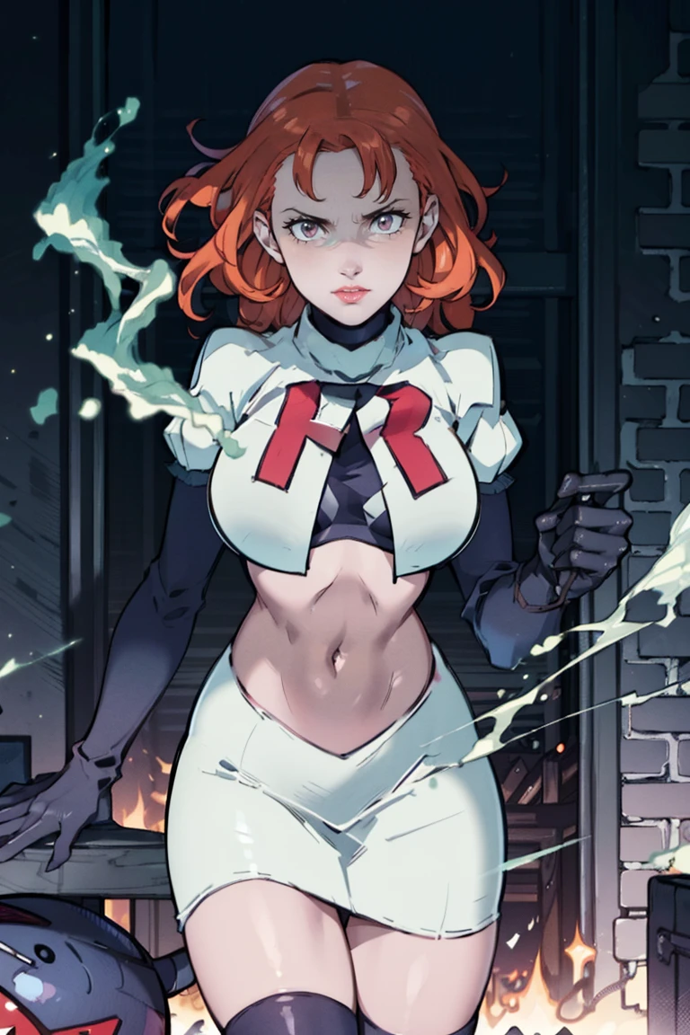 (best quality,4k,8k,highres,masterpiece:1.2),ultra-detailed,(realistic,photorealistic,photo-realistic:1.37),annette_war,team rocket,team rocket uniform,red letter R,white skirt,white crop top,black thigh-highs,black elbow gloves,brainwashing viewer,microphone in hand,evil laugh,dark villainous aura,sinister smile,fiery orange hair,contagious laugh,mischievous expression,sinister backdrop,menacing shadows,glowing eyes,explosive sound effects,captivating performance,ominous atmosphere,nail-biting suspense,smoke and sparks,energetic stage presence,magnificent evil genius,vocal performance,spellbinding showmanship,commanding presence,mesmerizing spectators,grandiose pyrotechnics,show-stopping performance,dramatic lighting,compelling narrative,crowd roaring,devious plans,devilish charisma,menacing gestures