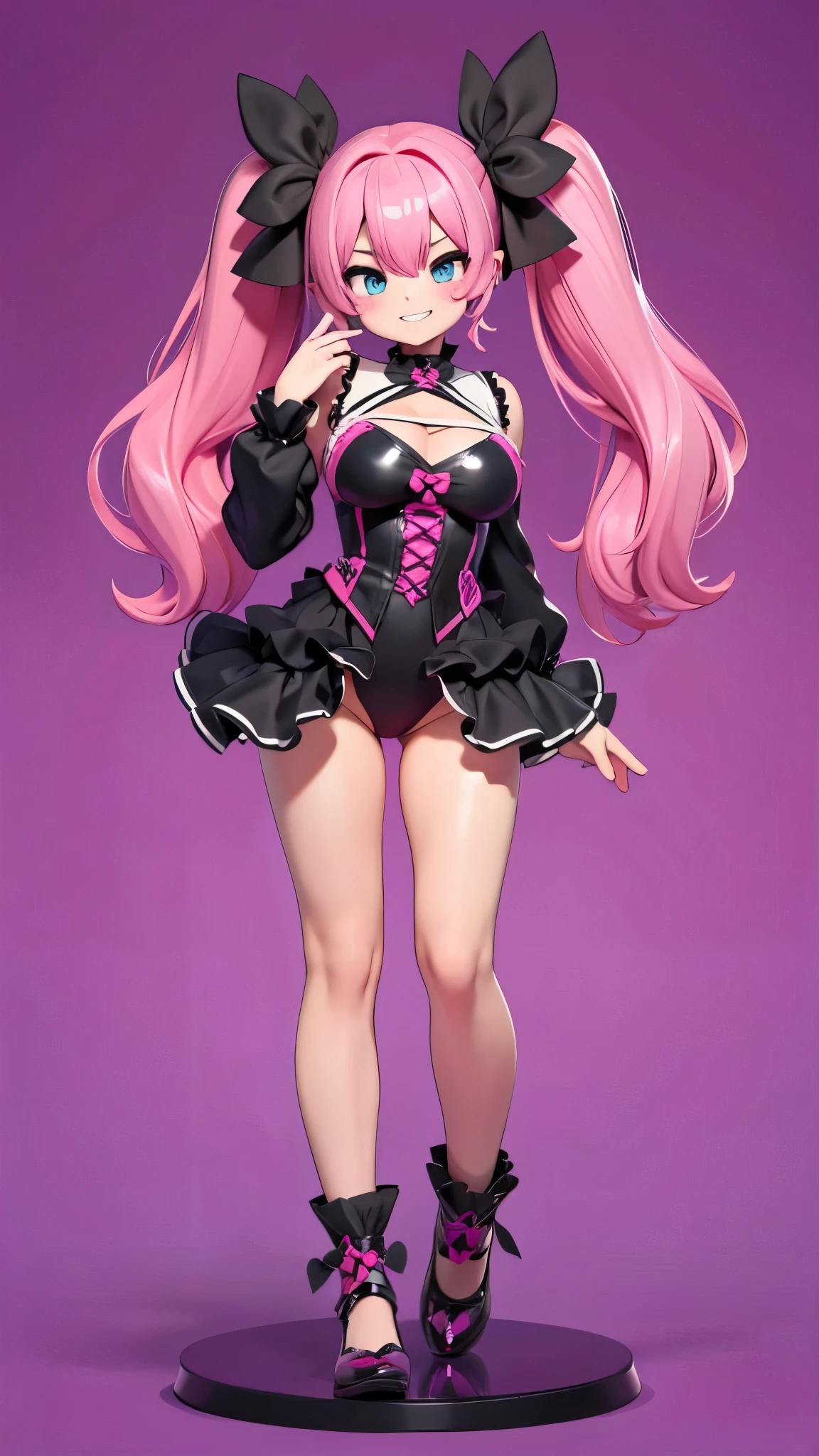  1 girl, solo,  High Resolution , Pink Hair、Very long twin tails、goth leotard 、Large Breasts、Round face、Big Eyes、Character portrait, Simple Background, whole body、Facing each other、Stand with your feet apart、Wide open chest、Grin、Hall々Standing with a straight face