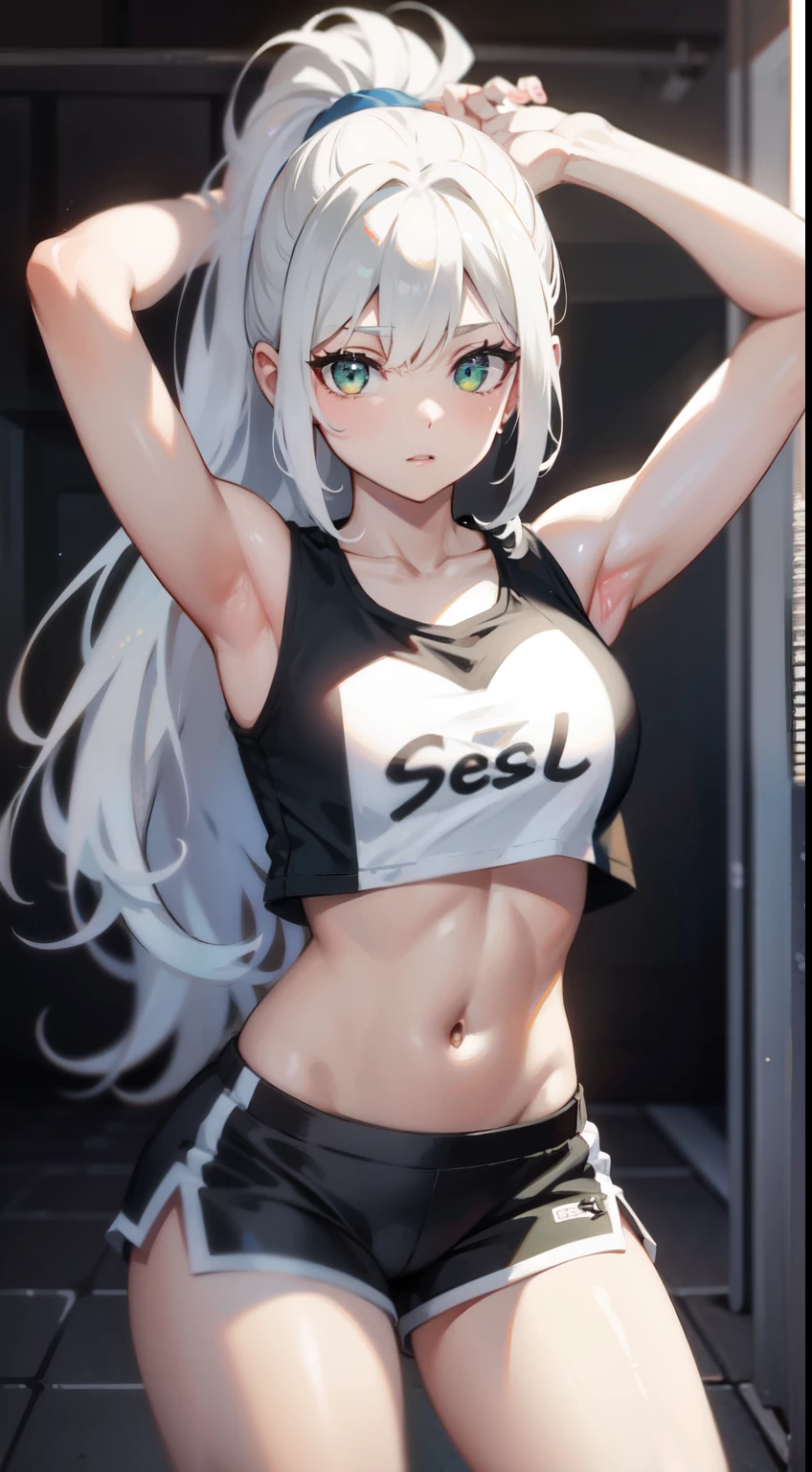 Super skillful anime illustration,boxing exercise at gym,
splatoon style,cute girl,white long Hair,shiny delta forehead,Bangs parted in middle of forehead,blue eyes,white battle suit,baby face,Octopus sucker-shaped headgear,open mouth smile,pregnant,