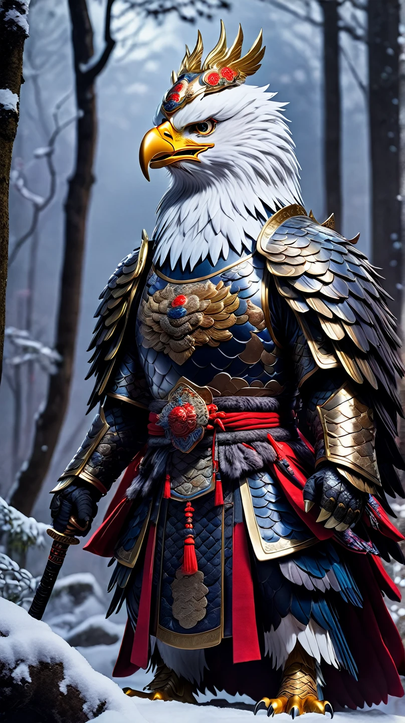 XCYP,Chinese Divine Beast, the mighty and strong anthropomorphic Eagle King is dressed in gorgeous Hanfu and armor, gluttonous pattern heavy armor and red cloak, with a glowing red magic array behind him, holding a weapon standing in the dark forest, snow, detailed, realistic, highly detailed, 32K UHD, ultra-high resolution, best quality, masterpiece