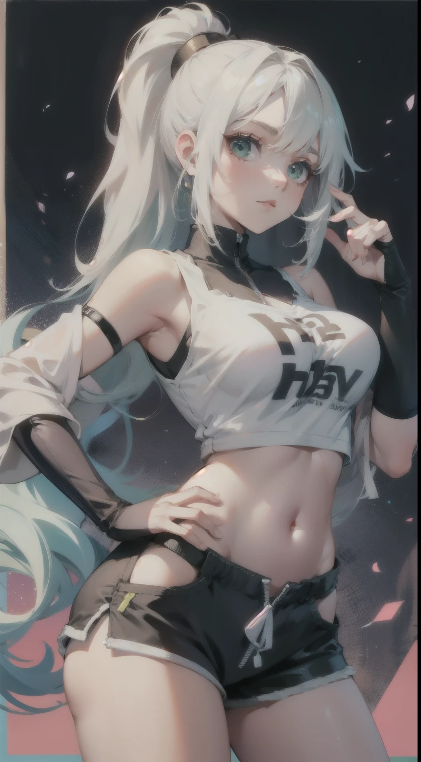 beautiful detailed 25 years old female, wearing Rave Outfit: Neon crop top, high-waisted shorts, leg warmers, and glow sticks, beautiful face, shiny white skin, white hair, slender, ultra large saggy breasts, massive cleavage exposed, random pose