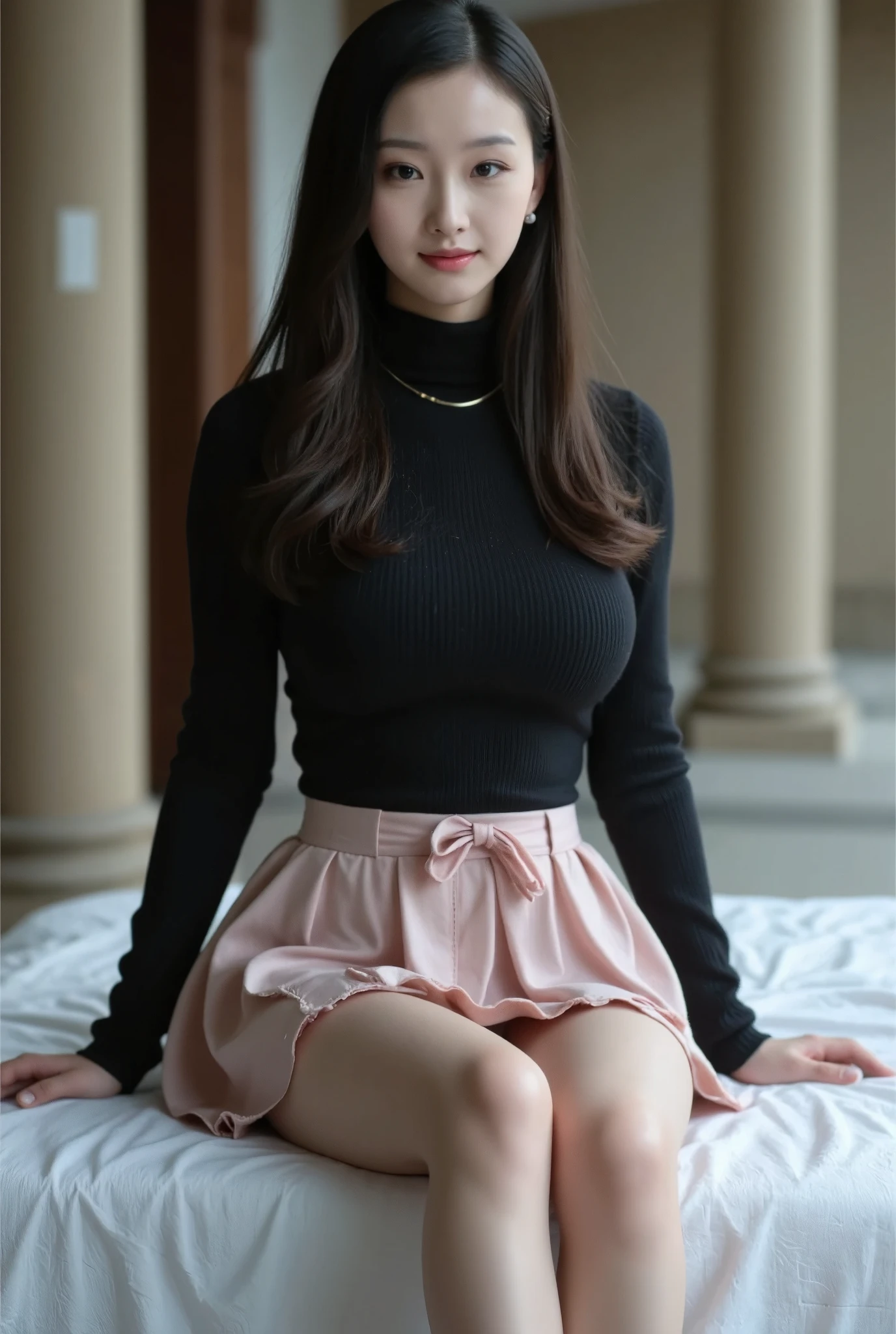 Beautiful young Japanese woman, wearing a black turtleneck, short skirt, stockings, and high heels. The real life photographs capture her cute and beautiful face, with big eyes and delicate skin texture. She is sitting on a bed in an old building with large columns behind her, looking directly at the camera and smiling. The natural lighting creates a stunning, high definition full body photograph.
