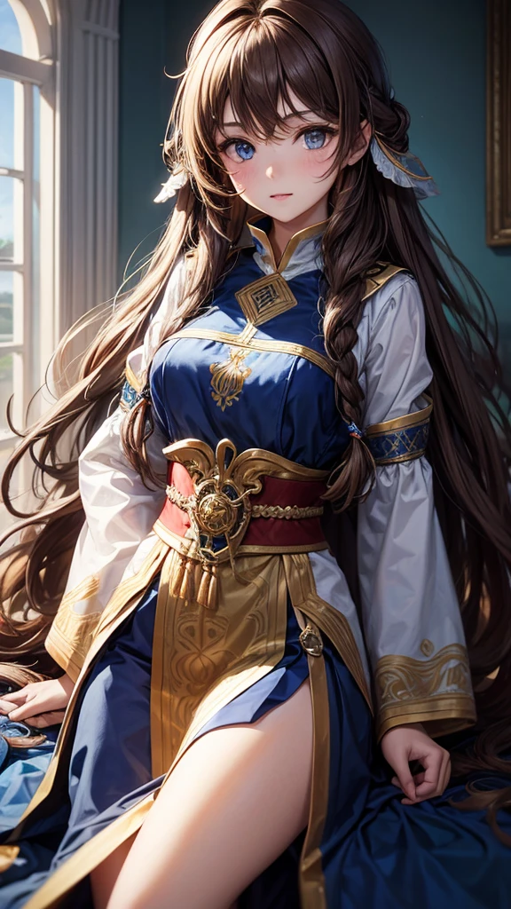 fancy, 19th-century, PRİNCESS, Woman, 精致的面容, long light brown hair, blue colored eyes, in a white royal dress with open shoulders, gold patterns on fabric, crystal jewelry, with a scarlet ribbon on the shoulder in the monarch&#39;s regalia, Gothic castle made of white stone in the background, Lumiere, giorno, High definition