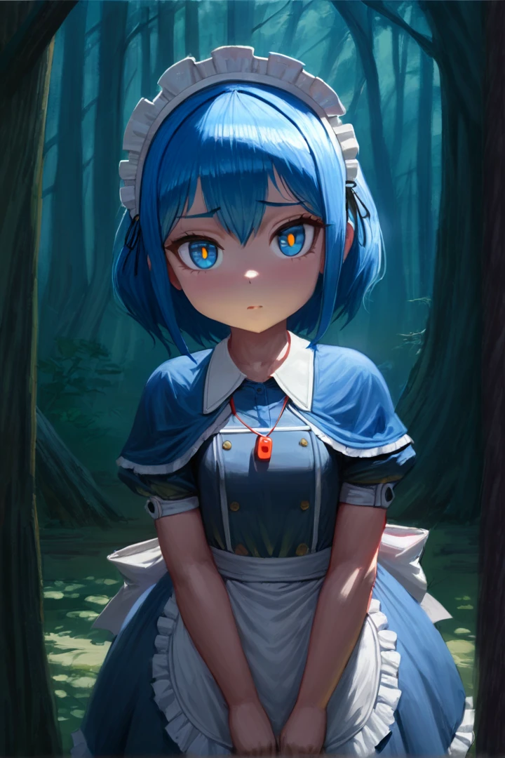 1woman, adult woman, masterpiece, ultra detail, dramatic lighting, forest, marulk, (blue hair),(blue eyes, yellow pupils), solo, looking at viewer, tree, puffy short sleeves, maid, maid headdress, capelet, otoko no ko, pouch, adult female, beautiful, grown up, whistle, blue capelet, whistle around neck