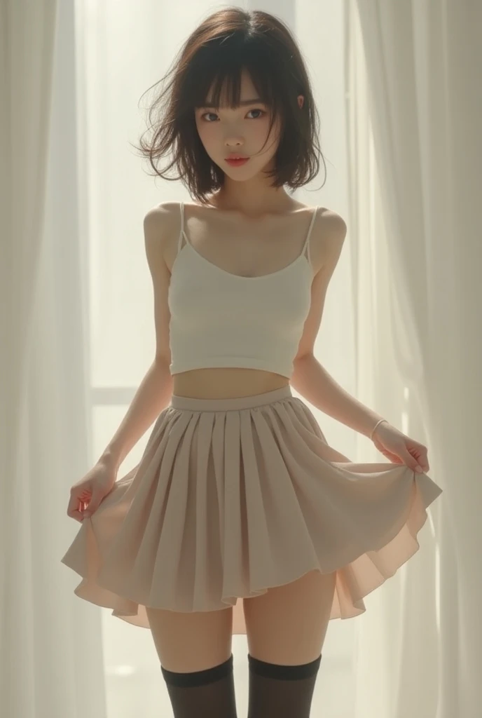 movie portrait photography, 1girl, correct body structure, perfect body, fair skin, pretty face, detailed face, blush, face, maid hair accessories, charming body, slim, wide hips, thin waist, no clothes, black bra, black lace panties, busty with deep, black pantyhose, long legs, no skirt, stockings, thigh stockings, standing on bench with full body photo, leg focus, fair skin with bare shoulder length, serene, calm, (realistic details, natural skin texture, Realistic Face Details), Soft Dramatic Lighting, Depth of Field, Bokeh, Vibble Detail, Fine Detail, Surrealism, 35mm Film, Hazy Blur, Film, 16k, Peony, Rose, Cherry Blossom, Rainforest, Lots of Flowers, Juice:1.3)