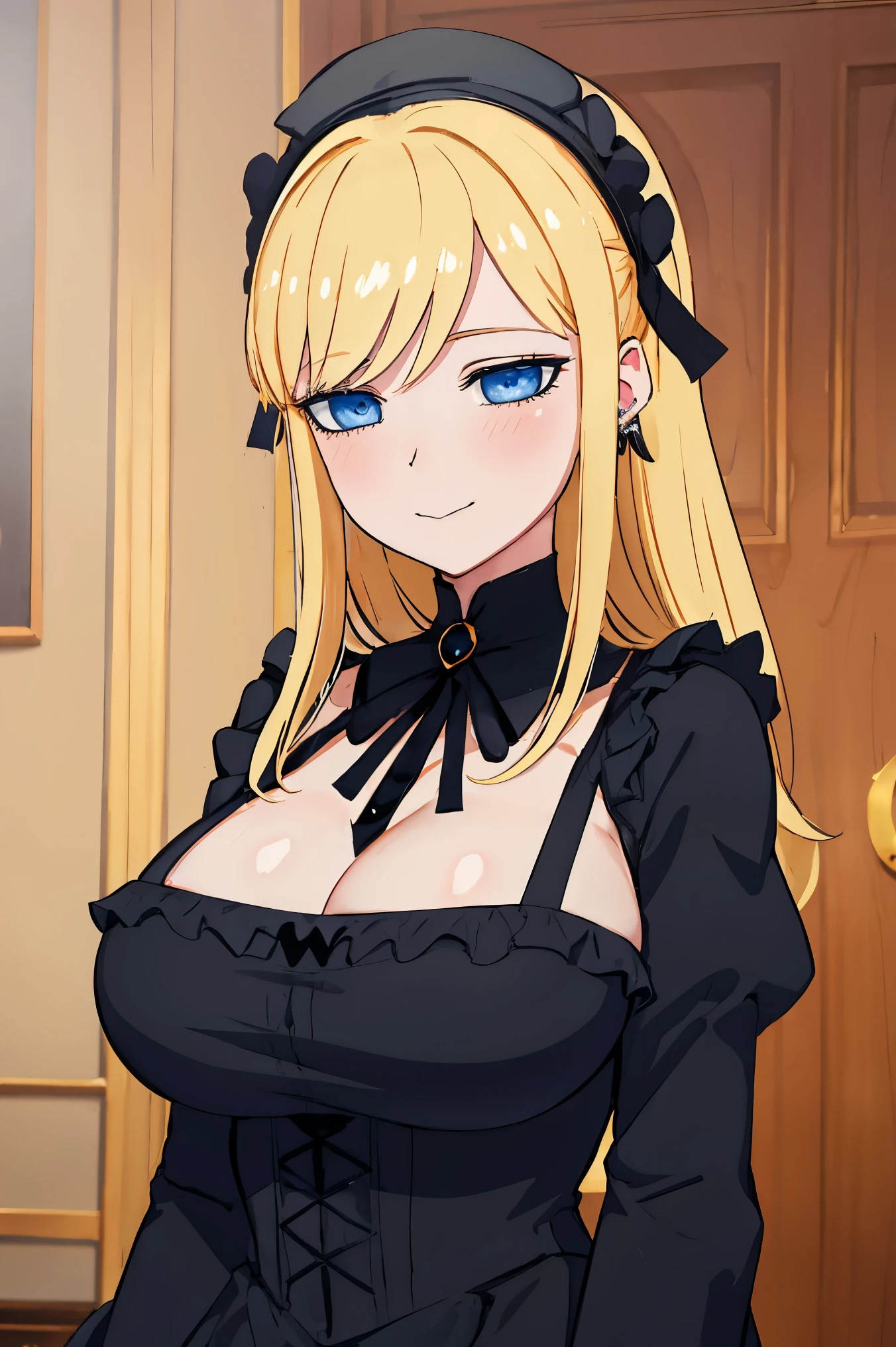 ((big  )), ((black gothic uniform)), maid hat, topless uniform, cleavage, blue eyes,  blonde hair, best quality, (masterpiece:1.2), indoor, cafe, room, looking at viewer, closed mouth, smile, blush face,  upperbody