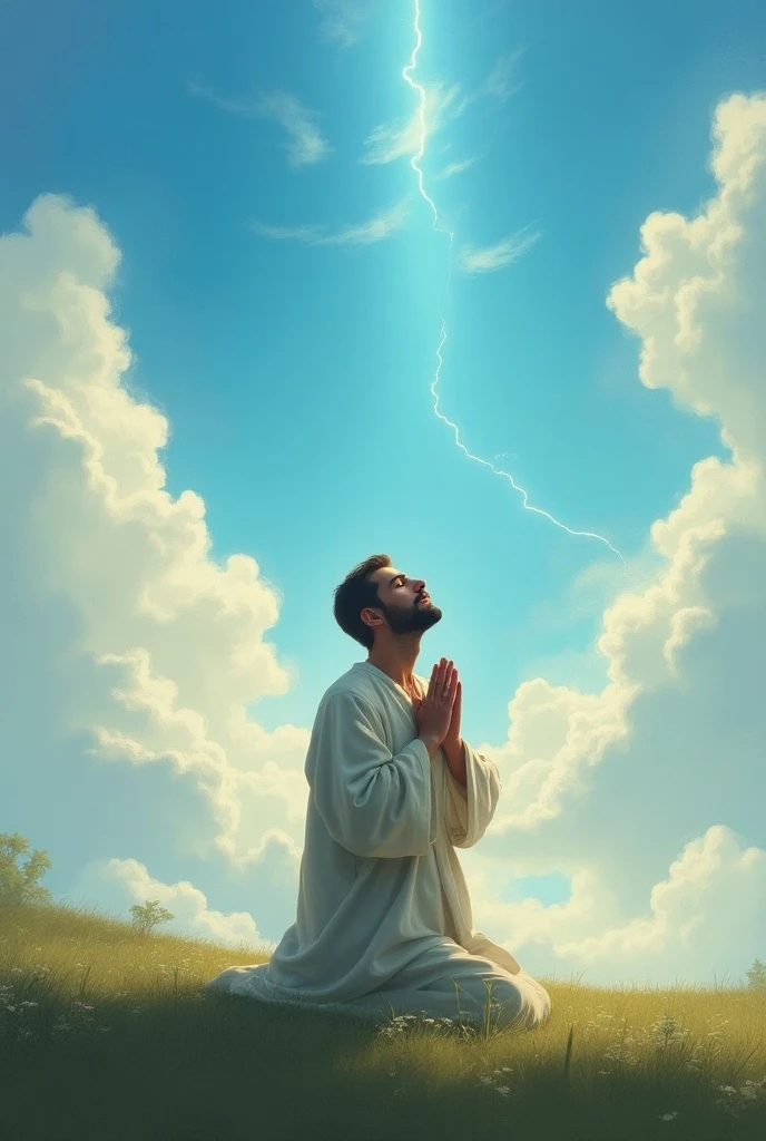 A man kneeling in prayer, with an open Bible in front of him and above him a sky full of clouds with Jesus with his hands outstretched over this man 