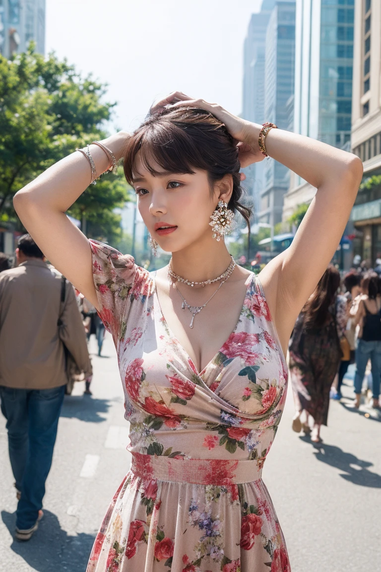 Best Quality, Ultra-high resolution, (Realistic: 1.4), Floral Dress, Street background  ,necklace,Earrings, cowboy shot、  fold your hands behind your head